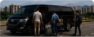 Travelers boarding a shared Kuskago shuttle